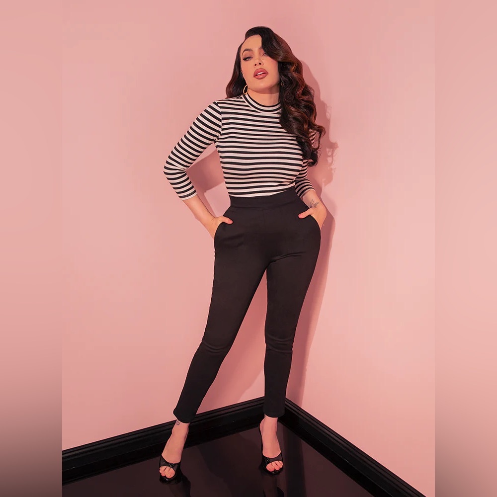 Classic Cigarette Pants Black Twill High-Waisted 1960s
